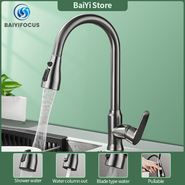 Kitchen pull-out hot and cold faucet full copper